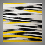 An abstract painting featuring yellow, black and white. 