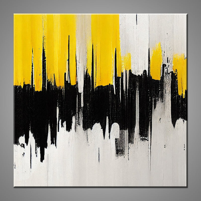 An abstract painting featuring off-white, black and yellow. 